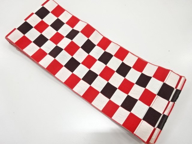 JAPANESE KIMONO / ANTIQUE CHECKERED PATTERN WOVEN SINGLE HANHABA OBI (